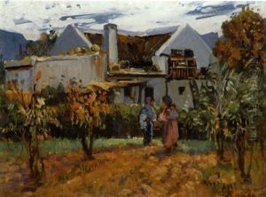 Cape Homestead With Figures In The Foreground by Pieter Hugo Naude