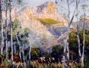 Cattle In A Mountainous Landscape by Pieter Hugo Naude