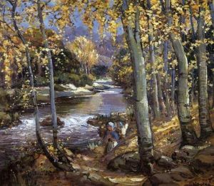 Autumn Landscape With Figures By A River by Pieter Hugo Naude