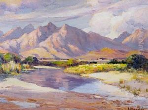 River Landscape With Mountains In The Distance by Pieter Hugo Naude
