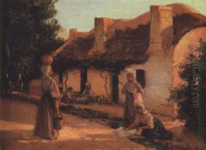 Figures Outside A Cottage by Pieter Hugo Naude