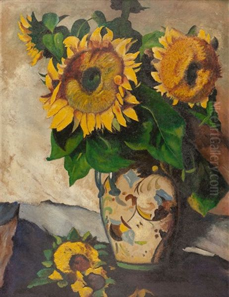 Sonnenblumen In Blauer Vase Mit Doppelhenkel - view 1