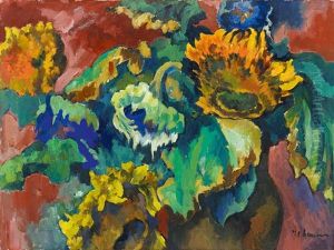 Verwelkte Sonnenblumen In Braunem Krug Und Dunkelblauer Vase by Heinrich Nauen
