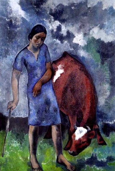 Madchen In Blauem Kleid Mit Kuh - view 1