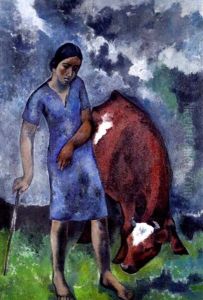 Madchen In Blauem Kleid Mit Kuh Madchen In Blauem Kleid Mit Kuh