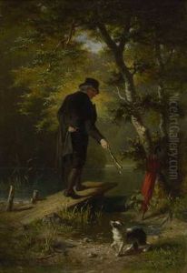 Spazierganger Mit Hund Am Weiher