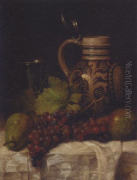 Grapes, Pears, A Tankard And A Pitcher On A Draped Table - view 1