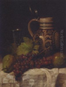 Grapes, Pears, A Tankard And A Pitcher On A Draped Table