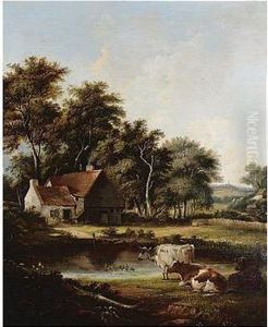 Wooded Landscape With Cattle, Signed And Dated 46, Oil On Canvas, 76 X 62.5 Cm.; 30 X 24 3/4 In by John Birch