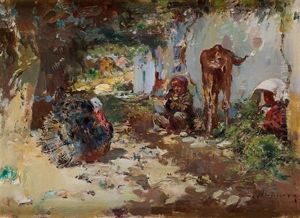 Ninos Moros Con Un Pavo by Jose Navarro Llorens