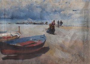 Escena De Pescadores En La Playa by Jose Navarro Llorens