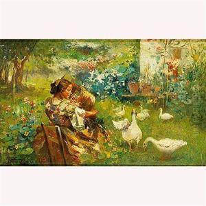 Valenciana En Un Jardin Con Ocas by Jose Navarro Llorens