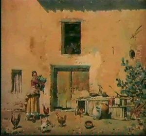 Dando De Comer A Las Gallinas Frente A La Casa En Que El Pintor Tuvo Su Ultimo Estudio by Jose Navarro Llorens