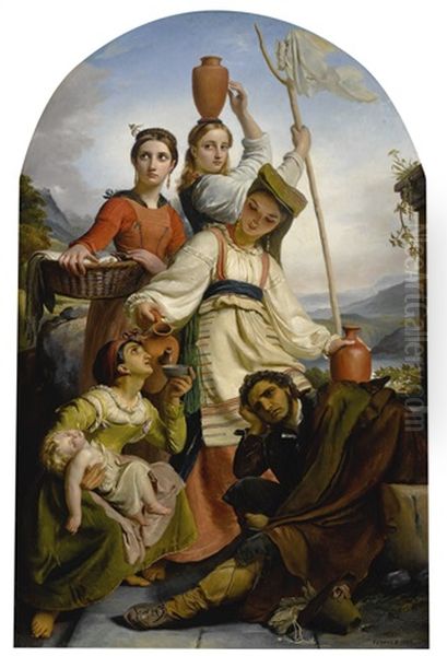 Jeunes Filles A La Fontaine Donnant A Boire A Des Voyageurs, Costumes Des Environs De Fundi - view 1