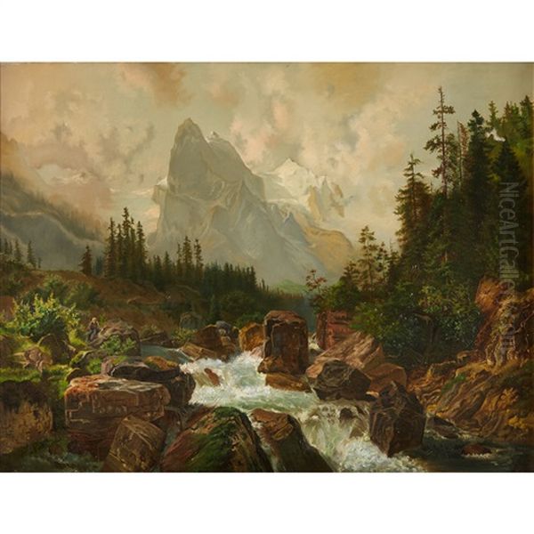 Mountain Landscape With Figure On Rock By Rushing River - view 1