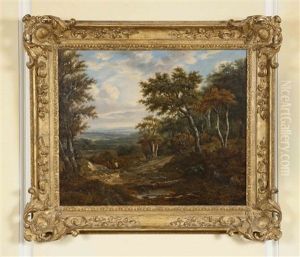 Extensive Landscape With Figures And Dog On A Path At The Edge Of A Wood