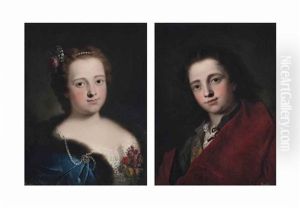 Portrait Of A Lady, Bust-length, In A White Embroidered Dress And Blue, Fur-lined Cape; And Portrait Of A Gentleman, Bust-length, In A Grey Doublet And Red Cloak by Bartolomeo Nazari