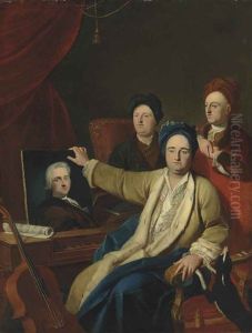 A Group Portrait Of Three Gentlemen Beside A German Clavichord, One Resting His Right Hand On An Unframed Bust-length Portrait Of A Gentleman, With A Dog, In An Interior A Group Portrait Of Three Gentlemen Beside A German Clavichord, One Resting His Right Hand On An Unframed Bust-length Portrait Of A Gentleman, With A Dog, In An Interior