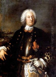 Portrait Of A Nobleman In Armour And Hermeline Lined Cape, With Sash And Order, His Right Hand On A Helmet, A Battlefield Beyond