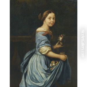 Portrait Of A Lady, Three Quarter Length, In A Blue Dress With An Armful Of Flowers