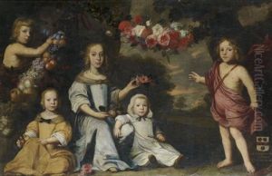 Portrait D'enfants Encadres De Guirlandes De Fleurs Et De Fruits Dans Un Paysage