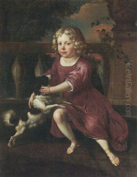 Portrait Of A Young Boy Wearing A Crimson Tunic, Playing With A Spaniel On A Classical Terrace - view 1