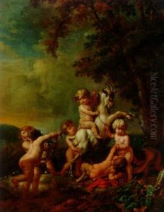 Putti And A Faun Cavorting With A Goat by Jan van Neck