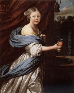 Portrait Of A Young Girl Holding An Orange, A Draped Curtain Behind