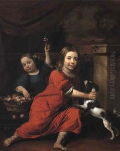 Portrait Of Children Seated At A Balustrade With A Spaniel And Flowers