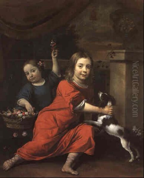 Portrait D'un Garcon Et D'une Jeune Fille, De Plein-pied, Jouant Avec Un Chien Sur Une Terrasse - view 1