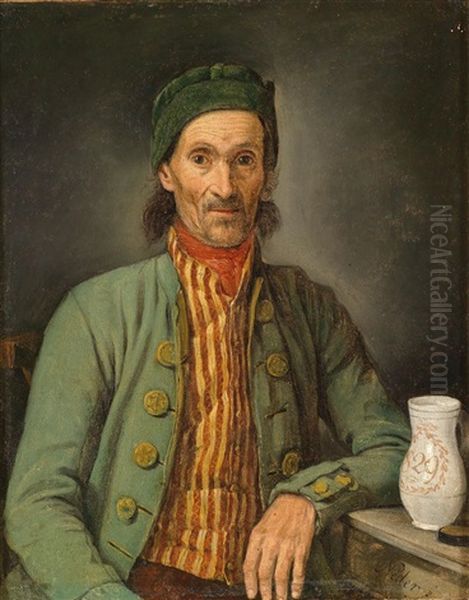Sitzender Mann Mit Gruner Jacke Und Gestreifter Weste - view 1