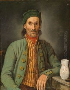 Sitzender Mann Mit Gruner Jacke Und Gestreifter Weste