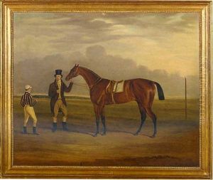 "chorister" A Bay Racehorse Held By A Groom, With A Jockey, On A Racecourse