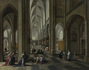 Vue De L'interieur De La Cathedrale D'anvers Anime De Personnages by Peeter Neeffs the Elder
