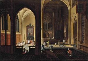 The Interior Of A Gothic Cathedral By Candlelight, With Elegant Company By A Side Altar