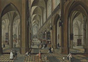 The Interior Of The Cathedral Of Our Lady, Antwerp, With Mass Being Celebrated On One Of The Altars, And Other Elegant Figures Conversing by Peeter Neeffs the Elder