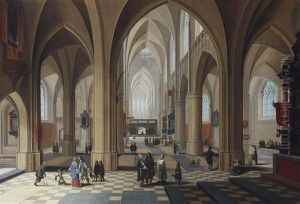 The Interior Of A Gothic Cathedral, With Elegant Figures Conversing And A Priest Taking Mass