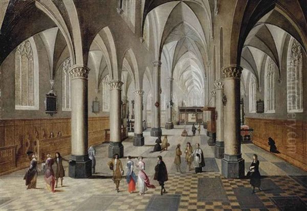 The Interior Of A Gothic Church With Elegant Figures Strolling And Conversing by Peeter Neeffs the Elder