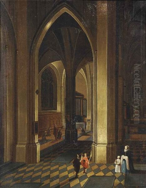 A Church Interior Candlelit With Elegant Figures In The Foreground - view 1