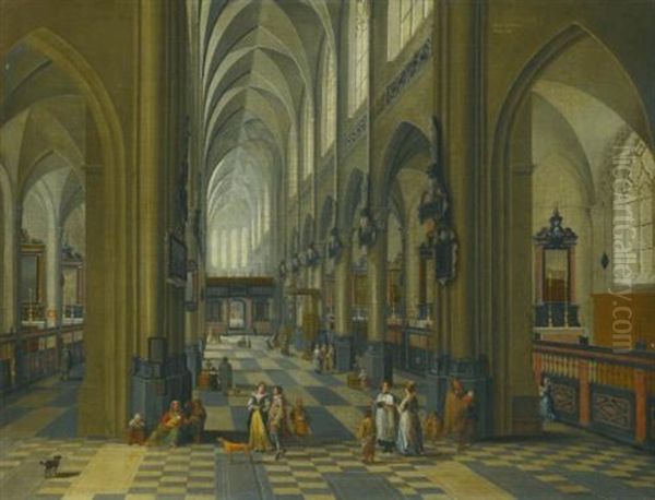 Interior Of A Gothic Cathedral With Figures Promenading In The Aisle - view 1