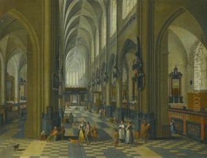 Interior Of A Gothic Cathedral With Figures Promenading In The Aisle