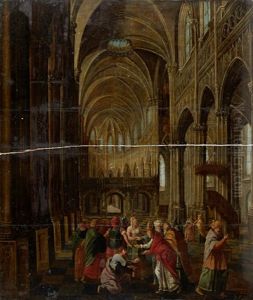 Figures Within A Cathedral Interior by Peeter Neeffs the Elder