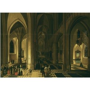 Church Interior Of The Antwerp Cathedral At Night, With Figures In A Procession To The Left by Peeter Neeffs the Elder