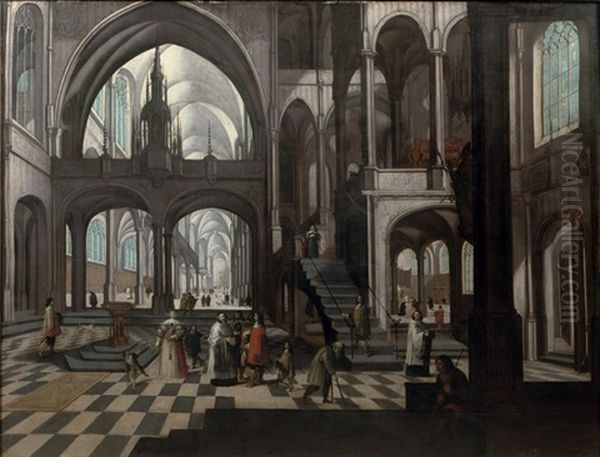 The Interior Of A Gothic Church With Elegant Figures Conversing - view 1