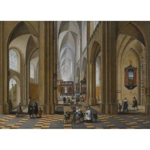 The Interior Of A Gothic Cathedral With Elegant Figures Strolling And Others Attending A Mass by Peeter Neeffs the Elder