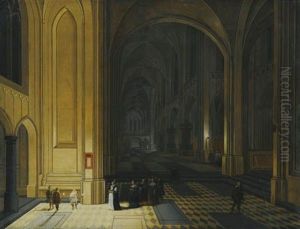 Vue Interieure D'une Eglise La Nuit, Avec Un Groupe De Religieuses Au Premier Plan