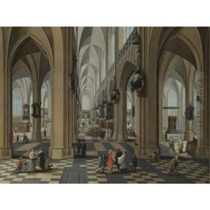 A Church Interior With Elegant Figures Strolling And Figures Attending Mass by Peeter Neeffs the Elder