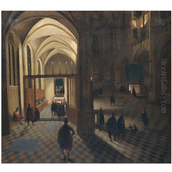 A Nocturnal Church Interior With Worshippers Gathering For Prayer - view 1