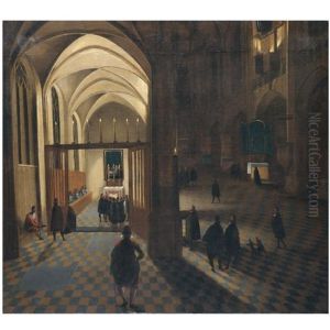 A Nocturnal Church Interior With Worshippers Gathering For Prayer