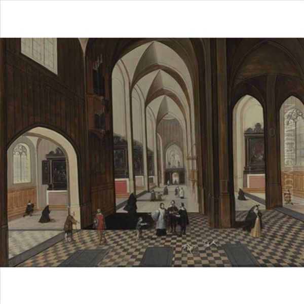 Interior Of A Gothic Cathedral With Figures And Dogs - view 1